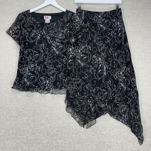 R&K Originals 2 Piece Set Womens 10 Black Floral Top Skirt Handkerchief Hem